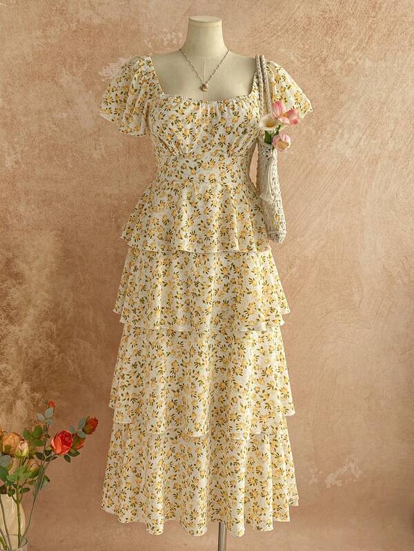 Soleia Plus Size Women's Ditsy Floral Flutter Sleeve Backless Bowknot Layered Maxi Dress, Vacation