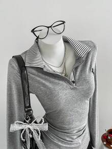 Comfortcana Women's Casual Striped Patchwork 2 In 1 T-Shirt, Autumn