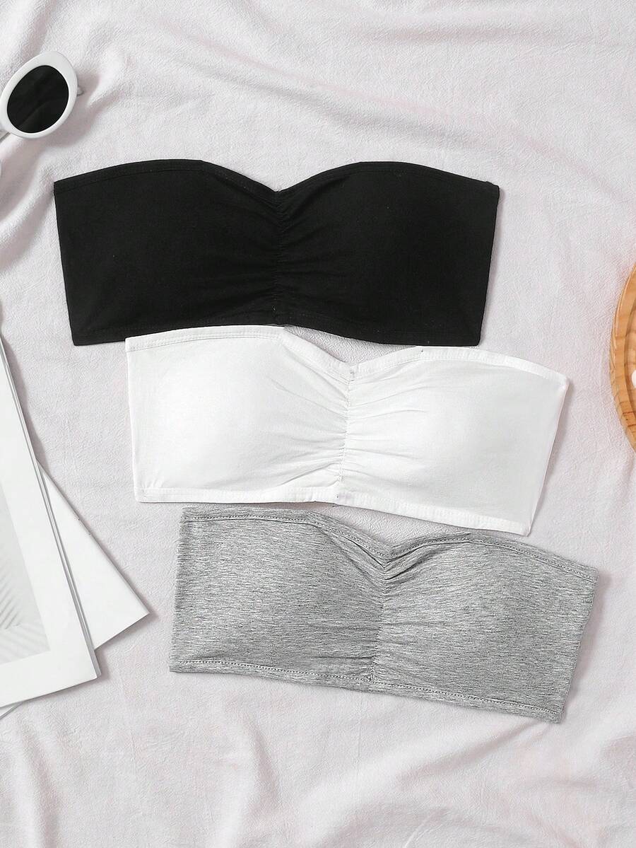 SHEIN 3pcs Tween Girls Casual Camisole Bralette Crop Top Layering Bras, Black, White, Light Floral Gray Strapless Tops Cute Tube Tops Tube Tops With Bra Strapless Bandeau Bra Girls Tube Top Sets