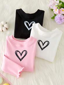 Young Girls Fleece Base Layer 3-Piece Set - Black White Pink Heart Print Long Sleeve Tops Round Neck Slim Fit Scalloped Edge Design Simple Heart Pattern Thick Fleece Warm Fabric Social Media Style Minimalist Healing Autumn Winter Holiday Essential Baby Girls Undershirt Base Layer Set Kids Clothes Girls - Multicolor - View 4