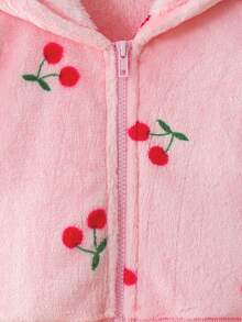 SHEIN Genkimix Kids Young Girl Autumn/Winter Cherry Plush Zip-Up Cardigan Jacket, Casual Minimalist Daily Cute - Pink - View 4