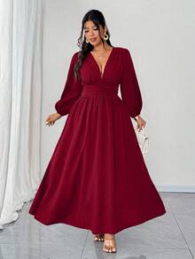 Elenzga 大码女式优雅纯色泡泡袖镂空设计撞色木质纽扣百搭衬衫，适合外出、派对和聚会。 - 酒紅色 - 查看 3