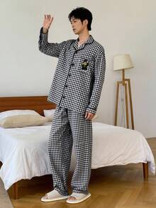 DAZY Men's Autumn Bear Embroidery Plaid Shirt And Pants Pajama Set - Black and White - View 3