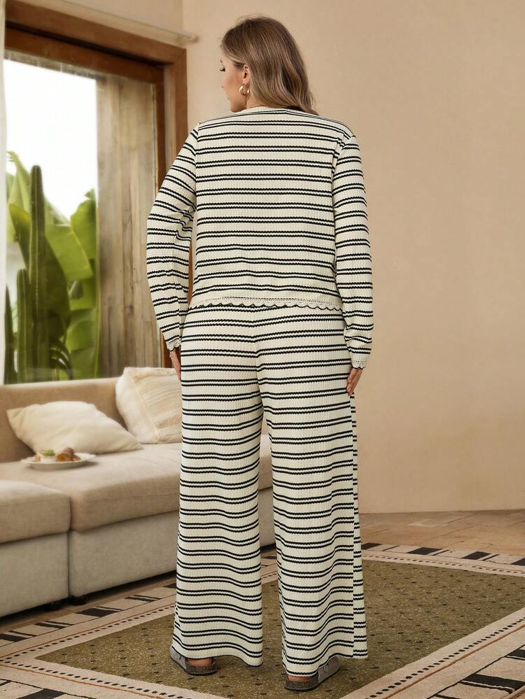 Plus Size Women Striped Long Sleeve Button Design Top And Wide Leg Pants Casual 2 Pieces Set
