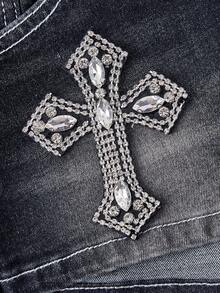 ROMWE Avant 女士复古辣妹机车风超低腰装饰迷你紧身牛仔短裤 - 黑色 - 查看 4