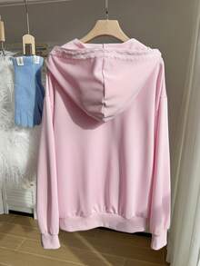 SHEIN EZwear Áo sweatshirt nữ cỡ lớn thêu hình bướm, vai rớt, khóa kéo phía trước, kiểu dáng thường ngày/mùa đông. - Hồng - Xem 2