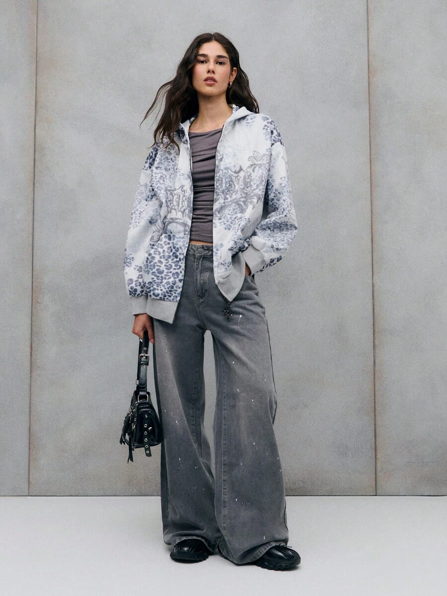 TypaGal Statement White And Gray Sweatshirt With Leopard Print And Gothic-Inspired Lettering. A Bold Mix Of Street And Chic Style. - Grey - View 1
