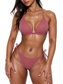 Swim Basics Women's Summer Beach Solid Color Halter Neck Bikini Set, Triangle Cup And Thong Bottom - Purple - View 4
