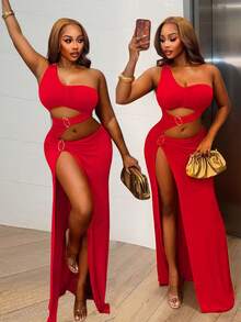 SHEIN BamGlam Damen Einfarbiges asymmetrisches Ausschnitt-Maxikleid mit Schlitz und Hohlräumen