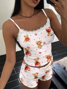 SHEIN EZwear 休闲性感家居风格圣诞新年熊圣诞老人礼物全身印花蕾丝吊带背心和褶皱短裤女式两件套，适合秋冬季、居家、派对 - 彩色 - 查看 5