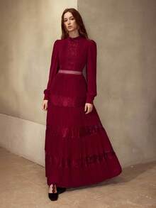 MOTF PREMIUM VESTIDO DE MUJER CON CINTURA CEÑIDA, ENCAJE PARCHE Y PLIEGUES EN FORMA DE A PARA OTOÑO/INVIERNO - Burdeos - Ver 6