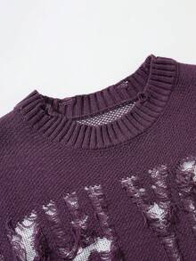 Manfinity EMRG Men's Casual Letter Pattern Distressed Knit Sweater, Autumn/Winter Purple Sweater Long Sleeve Top - Purple - View 3