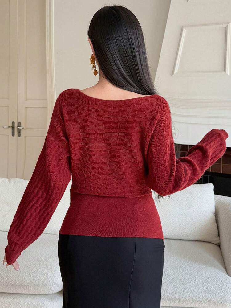 Women's Solid Color Fitted Crew Neck Elegant Pullover Knit Sweater, Autumn/Winter