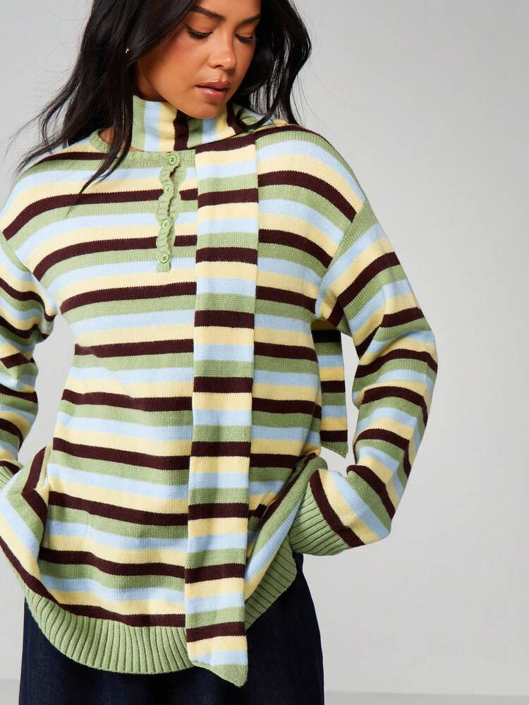 MISSGUIDED Oversized Striped Turtleneck Henley Sweater With Attached Scarf Detail Long Sleeve Knit Pullover