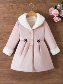 SHEIN Vintaside Kids 女孩都市优雅毛绒面料+毛绒内衬超大领口，金属纽扣装饰，腰部蝴蝶结点缀，厚款中长外套