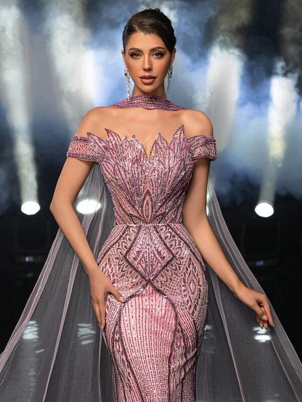 Glamrae Elegant Luxurious Beaded & Sequin Floral Off-Shoulder Chiffon Flare Sleeve Mermaid Dress, Suitable For Weddings, Parties, Vacations, Galas, Formal Occasions (Heavily Embellished)