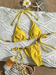 Swim Vcay 女士性感串珠露背系带比基尼套装，色彩缤纷的海滩度假风格 - 黃色 - 查看 2