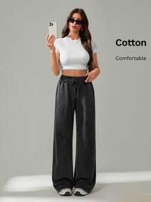 SHEIN Tall Relaxed-Fit Black Plain Pants With Pocket Detail In Stretch Knitted Fabric For Everyday Wear Drawstring Pants,Fall Clothes For Women - Black - View 6