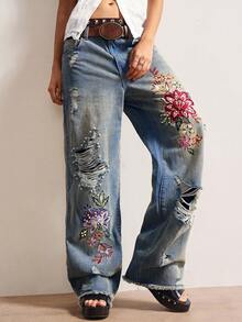 Bohemela BOHO Countryside Vacation Style Casual Woven Embroidered Beaded Loose Women Jeans - Medium Wash - View 2