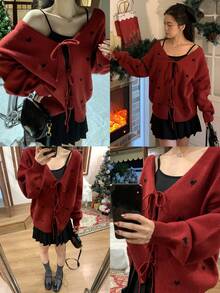 DAZY Áo len cardigan dệt kim họa tiết trái tim thanh lịch dành cho nữ, thường ngày cho Giáng sinh, Giáng sinh mùa thu/đông - Đỏ - Xem 10