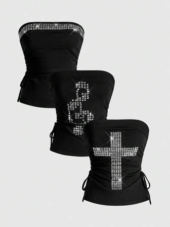 J-Fashion 3 pièces Ensemble de hauts pour femmes avec décolleté en Y, décoration de rivets, notes de musique et strass, avec cordon de serrage et ourlet fendu, style Y2K