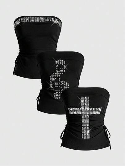 J-Fashion 3pcs Y2K Cross & Music Note Rivet Rhinestone Decor Halter Drawstring Split Hem Women Top Set
