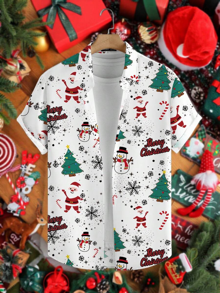 Manfinity Joysei 男士休闲日常圣诞老人与雪人印花前扣短袖衬衫 - 彩色 - 查看 1