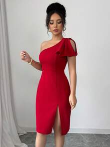 SHEIN Raffinéa Women's Sexy Asymmetrical Shoulder Bodycon Mini Dress - Burgundy - View 4