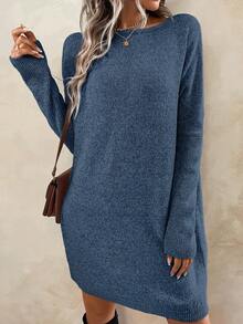 SHEIN LUNE 女士休闲度假蝙蝠袖针织连衣裙 - 藍色 - 查看 6