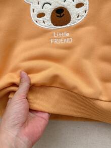 Blossori Young Boys French Elegant Bear Embroidery Crew Neck Long Sleeve Sweatshirt/Thermal Lined Jogger Pants Set, Winter - Brown - View 7