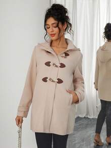 Momance Pregnant Women's Casual Horn Button Hooded Regular Jacket, Autumn/Winter - Khaki - View 3