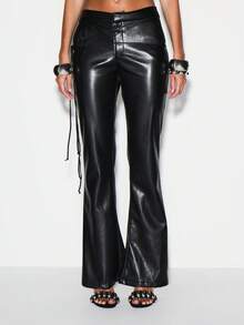 KIZN High Rise Leather Flare Pants With Lace Up Front And Braided Belt Details - Black - View 1