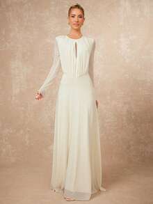 Lumalex VITNOS 女士优雅性感杏色圆领镂空褶皱长袖修身连衣裙，春秋季，新年魅力，婚礼季，婚礼宾客礼服，节日礼服，度假季特别装扮，派对装，优雅派对礼服，女士春季连衣裙，正式礼服，魅力优雅连衣裙，新款女装，奢华连衣裙，舞会聚会派对宴会，端庄复古假日派对狂欢节郊游度假热门户外丰富层次婚礼季宴会圣诞节新年派对情人节礼服 - 杏色 - 查看 6