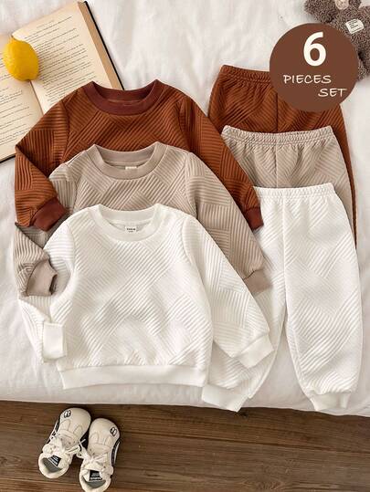 LMoss Kids LMoss 6件套男婴纯色针织圆领休闲卫衣裤套装，舒适秋冬款式，毛衣，套头衫，长袖上衣，男婴服装，冬季服装，白色上衣