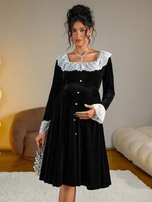 SHEIN Lace Patchwork Square Collar Long Sleeve Button Elegant Maternity Dress - Black - View 5