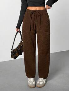 SHEIN PETITE Women's Casual Elastic Waist Corduroy Straight Leg Pants, Autumn Fall Pants Baggy Women Pants - Brown - View 5