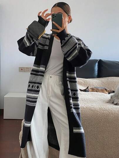 Livesso Women's Loose Casual Business Style Fashion Street Colorblock Striped Argyle Geometric Bohemian Mid-Length Knit Cardigan, Autumn/Winter