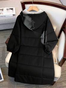 SHEIN Tall CURVE 冬季加大码长款纯色保暖内衬棉夹克 - 黑色 - 查看 2