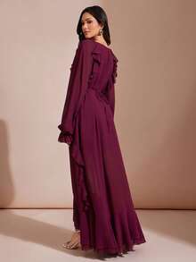 L'Amorae Abito lungo da donna in chiffon con maniche lunghe e volant, elegante e romantico, adatto per matrimoni, occasioni casual e vacanze autunnali - Viola - Visualizzare 2