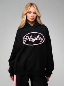 Missguided x Playboy 超大款连帽衫，带中央口袋，长袖套头卫衣 - 黑色 - 查看 4
