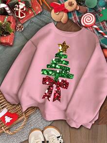 Tween Girl Christmas Sweatshirt,Pink Yellow,Autumn,Cute,Matching Family Sweet Bow & Christmas Tree Pattern,Cream Pink Ladylike Ballet Style Sweater - Multicolor - View 2