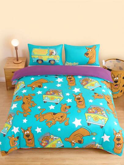 SCOOBY-DOO X SHEIN 3Pc Cartoon Printed Quilt Cover Set, Polished Material, Soft And Warm, Green Quilt Cover, Multiple Sizes, Suitable For Single Bed/Double Bed/Queen Bed/King Bed