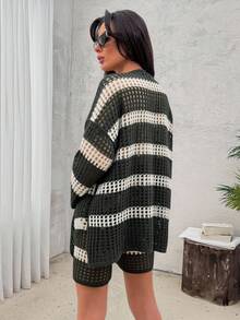 EURMUSE Plus Cover Up With Stribes With Beige Cardigan And Short - Army Green - View 2