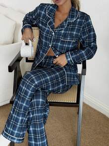 SHEIN Bộ đồ ngủ nữ kiểu dáng thường ngày, có cúc cài, họa tiết kẻ caro, thích hợp mặc mùa đông. - Màu xanh hải quân - Xem 3