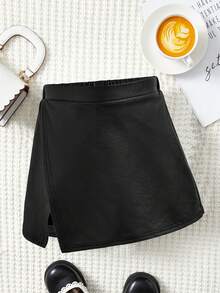 Tween Girls Asymmetric Black PU Skirt Shorts, Fashionable Versatile Casual Wear For Outings And Holidays - Black - View 1