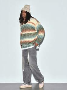 Modcrash 白悦秋冬粗针织圆领毛衣，渐变彩虹条纹，柔软蓬松，羊毛质感，保暖宽松男士针织套头衫 - 彩色 - 查看 3