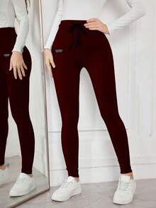 Modelyn Solid Color Drawstring Tight Fit Stretchy Leggings - Burgundy - View 7