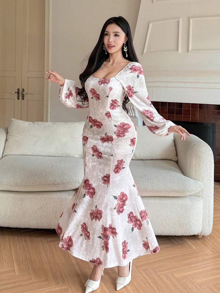 Women's Elegant Floral Print Long Sleeve Dress