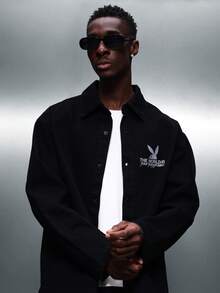 PLAYBOY X SUMWON Regular Fit Long Sleeve Button Down Denim Shirt With Logo Print For Casual Everyday Wear - Black - View 2