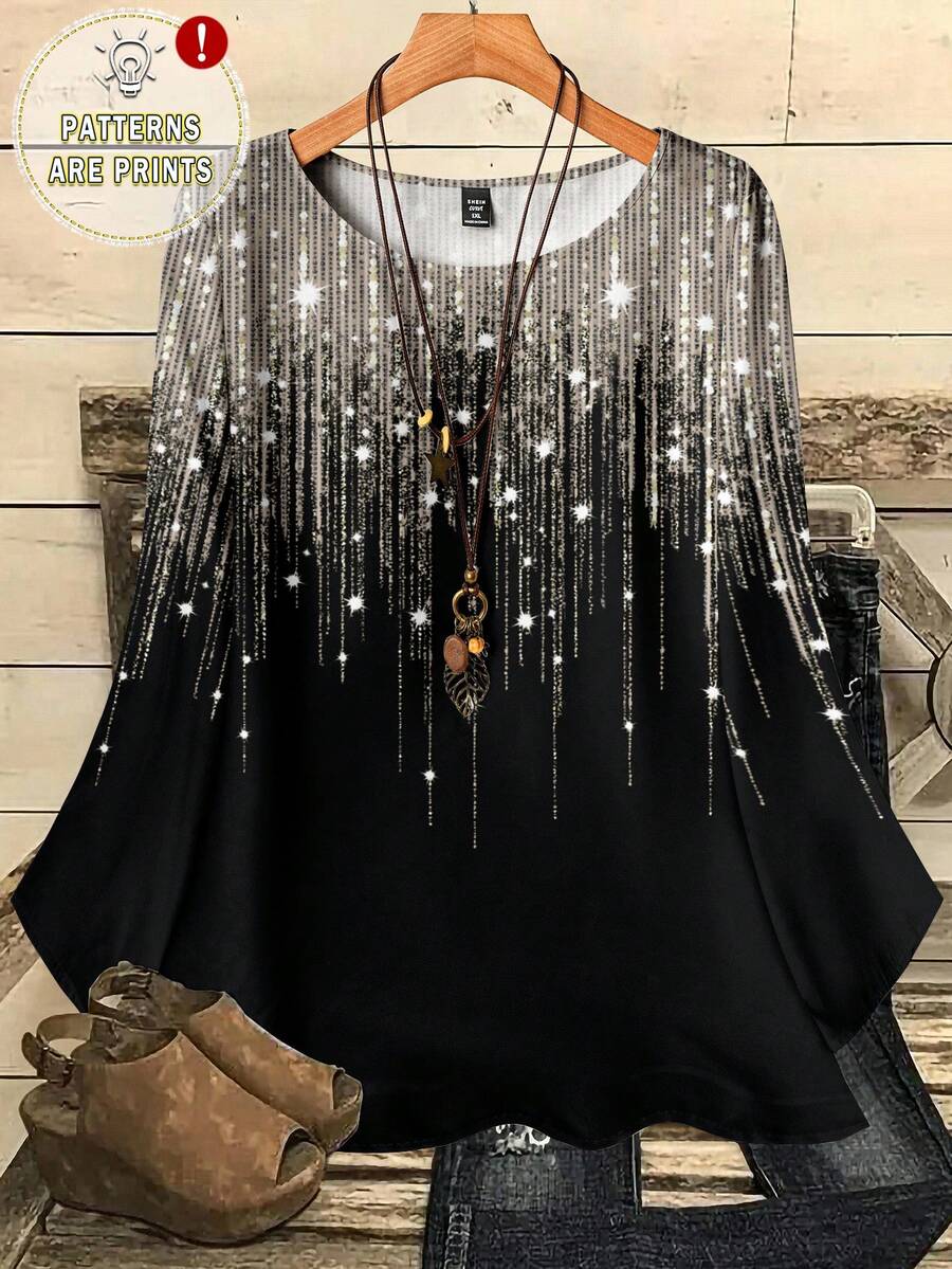 EMERY ROSE Plus Size Women's Casual Romantic Full-Print Christmas Atmosphere Silver Glitter Pattern Round Neck Loose 3/4 Sleeve Blouse, Black Shirt, Date Wear/Winter